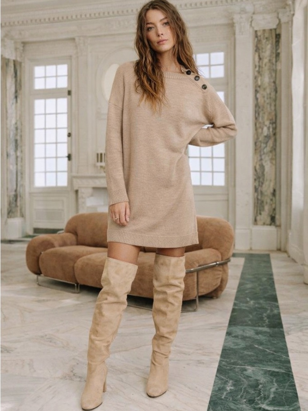 Sezane Mathie Sweater Dress Size Small Beige Camel Merino Wool Knit